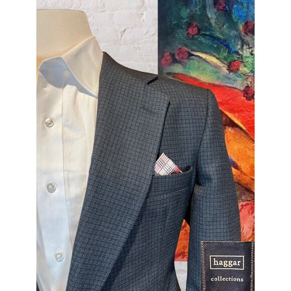 Vtg Haggar Collection 42R Blue Black Check Plaid Tweed Blazer Sport Coat Jacket - Picture 3 of 16